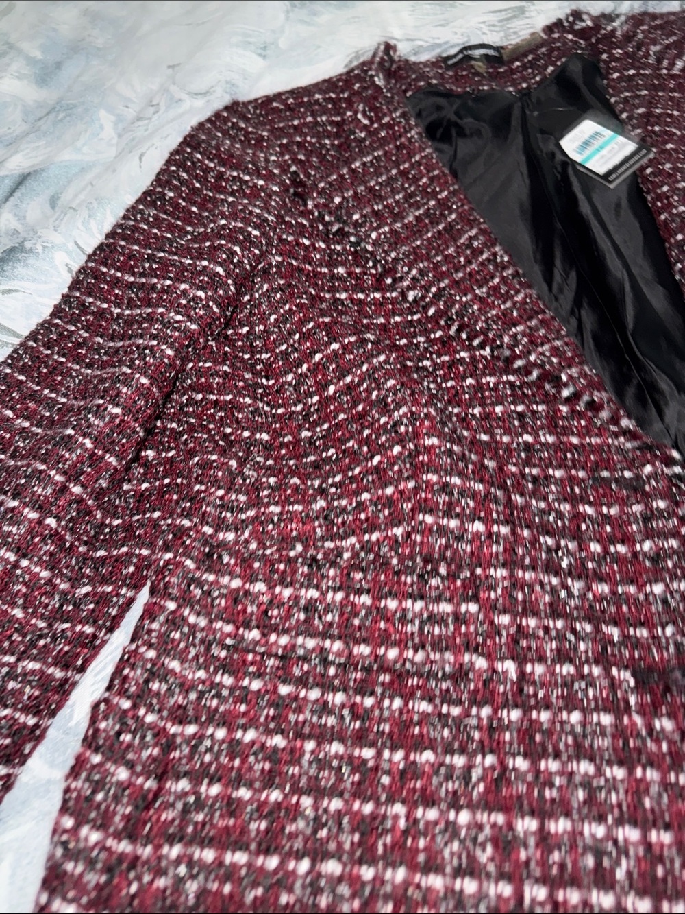 Karl Lagerfield -NWT Tweed Fringe Open-Front Jacket - Burgundy - Picture 3 of 5